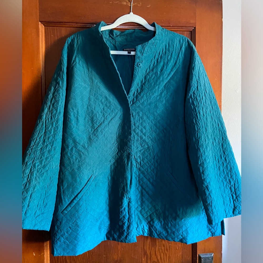 Green Teal 2X Eileen Fisher 100% Silk Lightweight Jacket